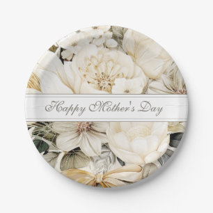 Happy Mother's Day Ivory cream Floral script Paper Plate