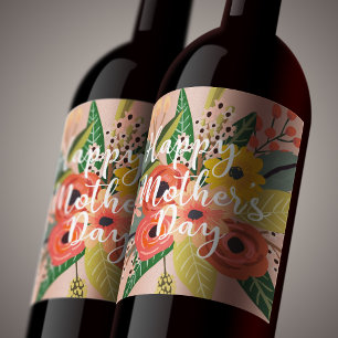 Happy Mother's Day Modern Colourful Floral Script Wine Label