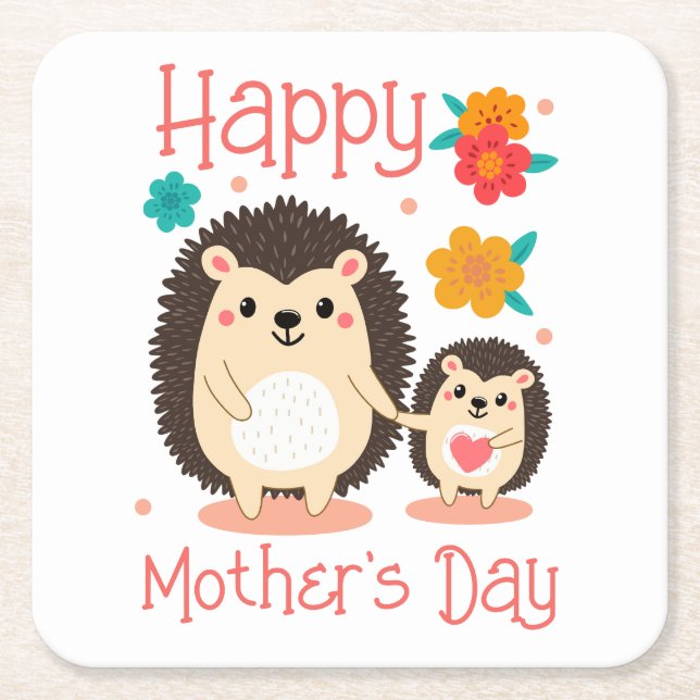 Happy Mother's Day Mom And Baby Hedgehog  Square Paper Coaster (Front)