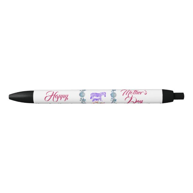 Happy Mother's Day Mom Baby Zebra Floral Border Black Ink Pen (Front)