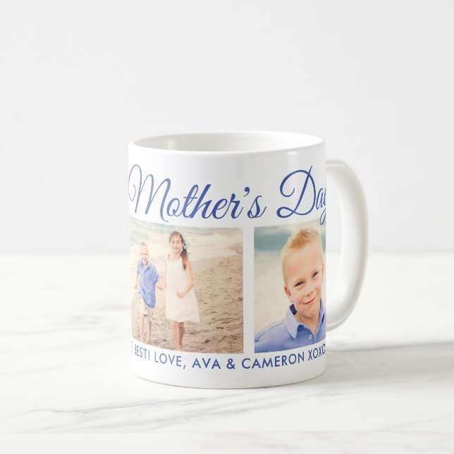 Happy Mother's Day Mom Blue Script Photo Collage Coffee Mug (Front Right)