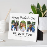 Happy Mothers Day Mom Custom Photo Collage Plaque<br><div class="desc">Create a stylish and memorable gift for Mom this Mother's Day! This custom tabletop decor sign features a collage of three favourite family pictures of the kids designed as a modern and bold sans serif typography design. Personalize the custom text with the names of the children and modify the black...</div>