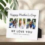 Happy Mothers Day Mum Photo Letter Plaque<br><div class="desc">A bold and modern Mum photo plaque featuring Happy Mother's Day in elegant script across the top, three family photos filling the letters of Mum, We Love You, kids' names, and a pink heart accent on a white background. All text and photos are fully editable — a striking Mother's Day...</div>