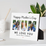 Happy Mothers Day Mum Photo Letter Plaque<br><div class="desc">A bold and modern Mum photo plaque featuring Happy Mother's Day in elegant script across the top, three family photos filling the letters of Mum, We Love You, kids' names, and a pink heart accent on a white background. All text and photos are fully editable — a striking Mother's Day...</div>