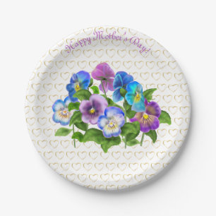 Happy Mother's Day Pansy Violet Flowers Watercolor Paper Plate