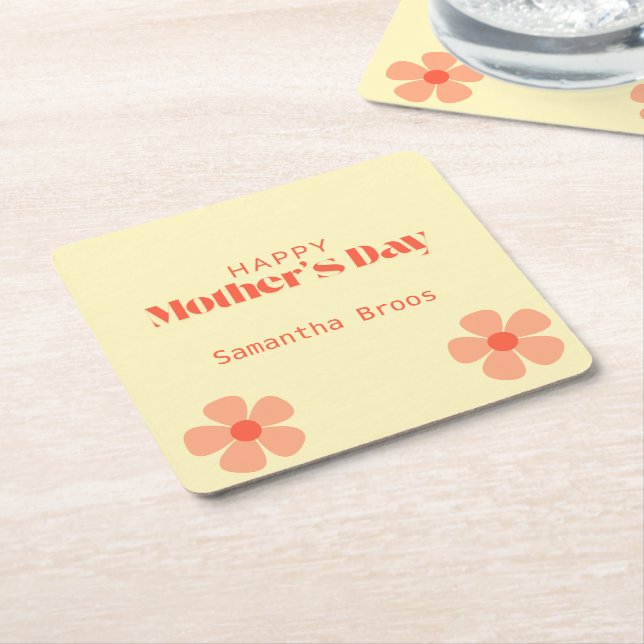 Happy Mother's day peach flowers pink Square Paper Coaster (Angled)
