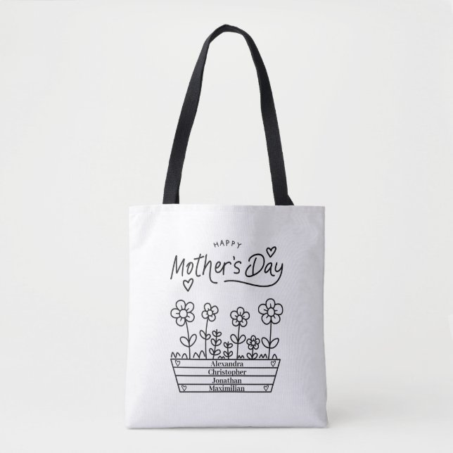 Happy Mother's Day Personalize Names Modern Black Tote Bag (Front)