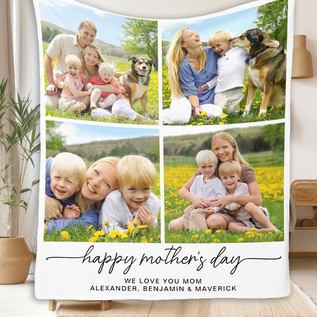 Happy Mothers Day Personalized 4 Photo Collage Mom Fleece Blanket (Creator Uploaded)
