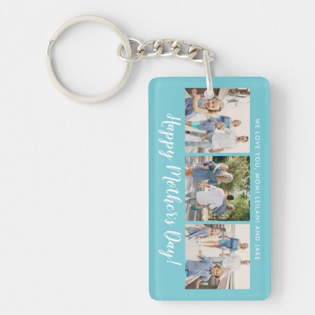 Happy Mother's Day Photo Collage Custom Aqua Blue Keychain (Front)