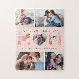 Happy Mother's Day Photo Collage & Floral Pattern Jigsaw Puzzle