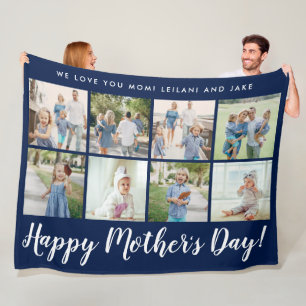 Happy Mother's Day Photo Collage Message Navy Blue Fleece Blanket