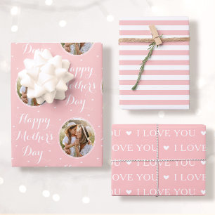 Happy Mother's Day Photo I Love You Pink 3 Set Wrapping Paper Sheet