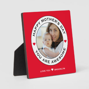 Happy Mothers Day Photo Text Heart Red White Black Plaque