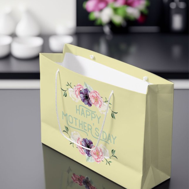 Happy Mothers Day - Pink & Cassis Flower Garlands Large Gift Bag (Mother's Day Gift Bag)