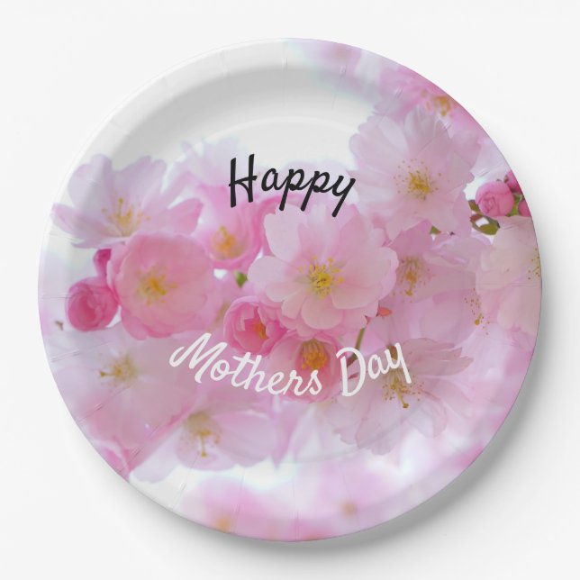 Happy Mothers Day Pink Cherry Tree Paper Plate (Front)