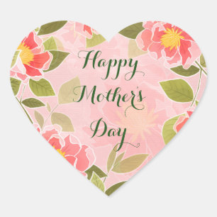 Happy Mother's Day, pink floral design, Heart Sticker