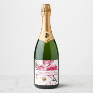 Happy Mother's Day Pink Floral script Sparkling Wine Label