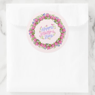 Happy Mothers Day Pink Floral Wreath Classic Round Sticker