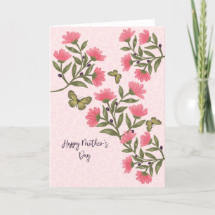 Happy Mothers Day Pink Flowers and Butterflies Thank You Card