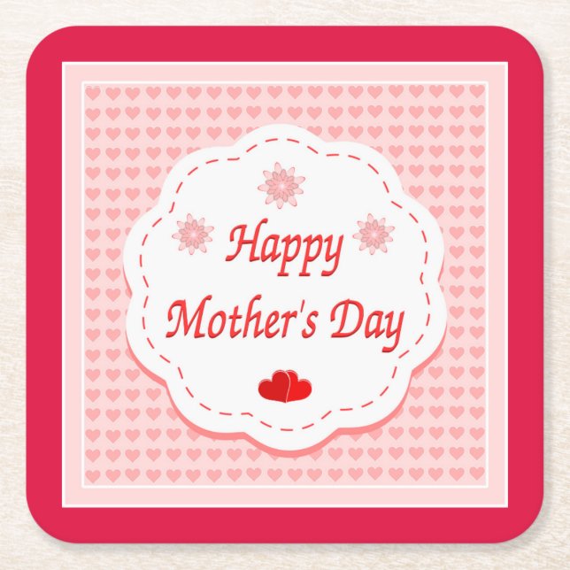 "HAPPY MOTHER'S DAY " PINK HEARTS SQUARE PAPER COASTER (Front)