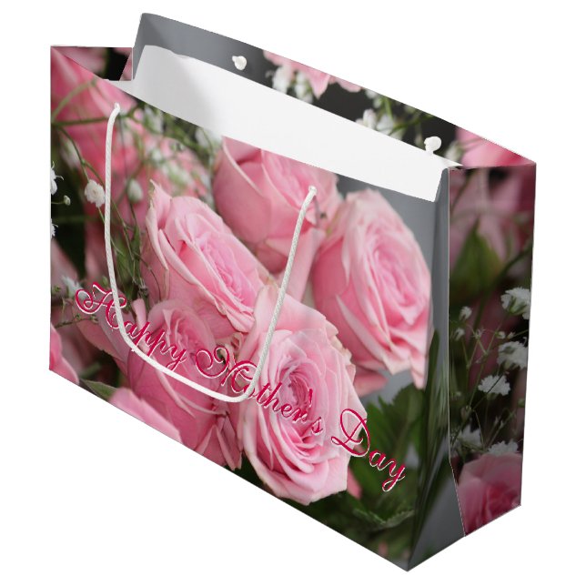 Happy Mothers Day Pink Rose Flowered Gift-Bag Large Gift Bag (Front Angled)