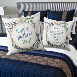 Happy Mother's Day Pretty Leaves On White Throw Pillow