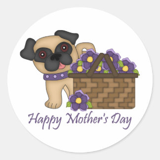 Happy Mother's Day Purple Flower Basket Pug Classic Round Sticker