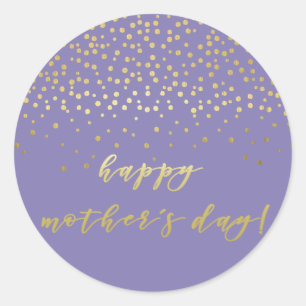 Happy Mother's Day, Purple Gold Script & Confetti  Classic Round Sticker