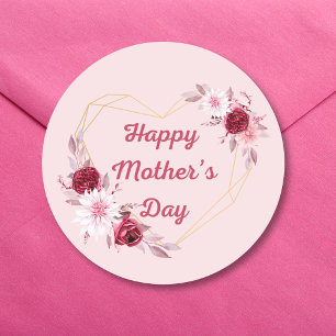 happy mothers day red gold floral pink classic round sticker