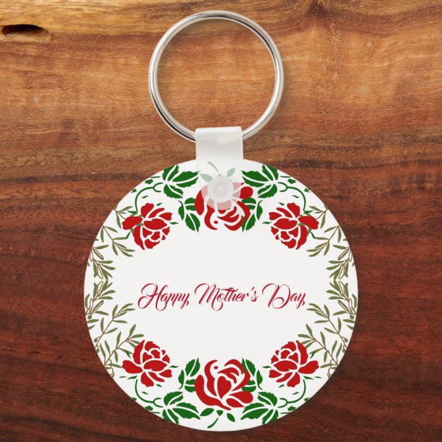 Happy Mothers Day Red Rose Floral Greenery Cute Keychain (Front)