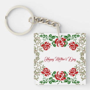 Happy Mothers Day Red Rose Floral Greenery Cute Keychain