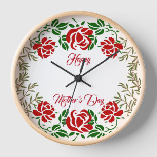 Happy Mothers Day Red Rose Floral Greenery Wall Clock