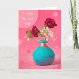 Happy Mother's Day Red Roses in Blue Vase on Pink  Holiday Card