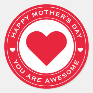 Happy Mother's Day Red White Heart Chic Fun Unique Classic Round Sticker