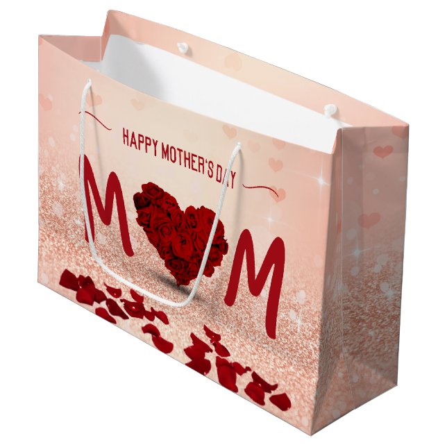 Happy Mother's Day Rose Heart Bouquet Large Gift Bag (Front Angled)