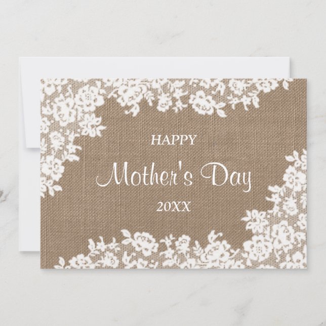 Happy Mother's Day | Rustic Burlap & White Lace Invitation (Front)