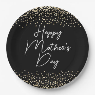 Happy Mother's Day Script Black and Gold Glitter Paper Plate