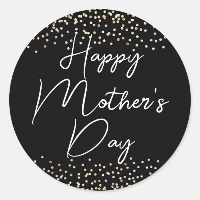 Happy Mother's Day Script Gold Glitter on Black Classic Round Sticker (Front)