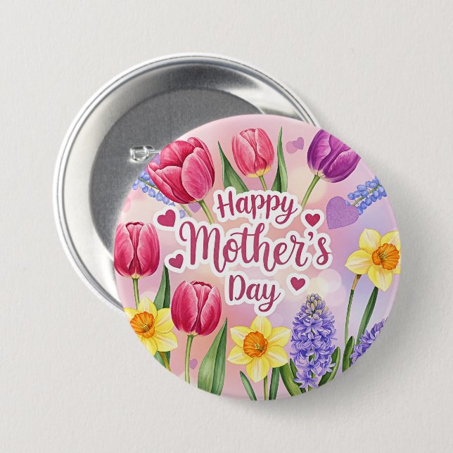 Happy Mother's Day, spring flowers, 3 Inch Round Button (Front & Back)