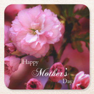 Happy Mothers Day Spring Pink Cherry Blossoms Square Paper Coaster