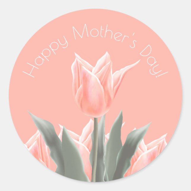 Happy Mother's Day! Stylish Peach Tulips Flowers Classic Round Sticker (Front)