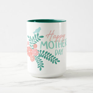 Happy mother's day text flowers and birds mug