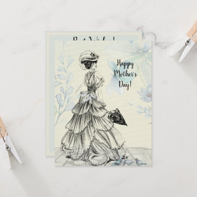 Happy Mother's Day Victorian Woman Parasol Birds (Front/Back In Situ)