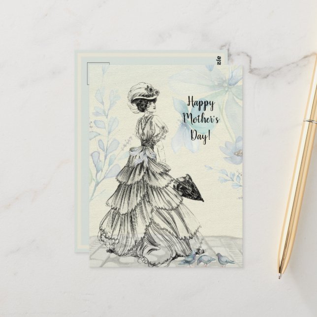 Happy Mother's Day Victorian Woman Parasol Birds Postcard (Front/Back In Situ)