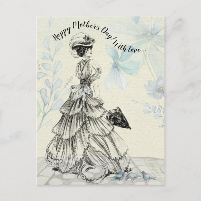 Happy Mother's Day Victorian Woman Parasol Birds Postcard (Front)