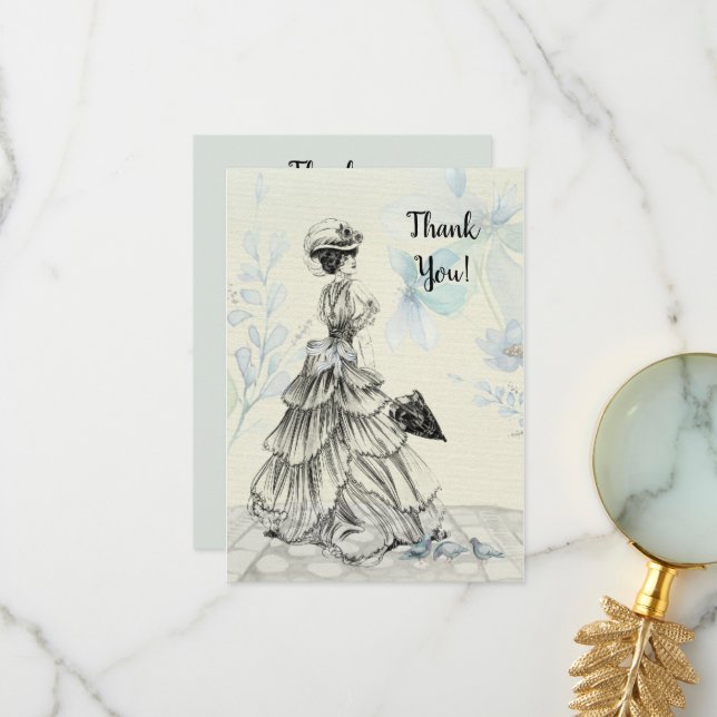 Happy Mother's Day Victorian Woman Parasol Birds Thank You Card (Front/Back In Situ)