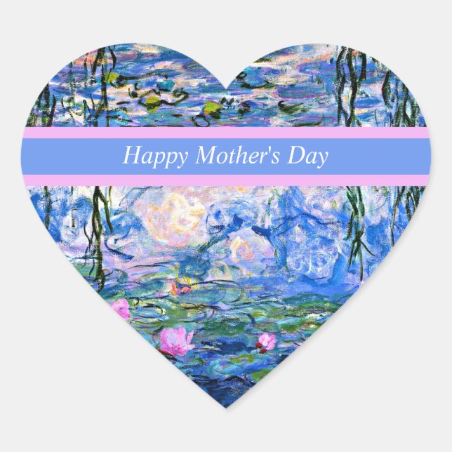 Happy Mother's Day, Water Lilies painting, Heart Sticker (Front)
