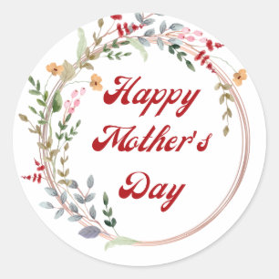 happy mothers day watercolor botanical wreath red  classic round sticker