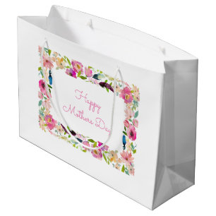 Happy Mothers Day Watercolor Floral Pink White Large Gift Bag