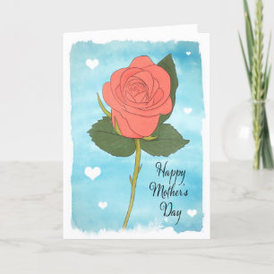 Happy Mothers Day Watercolor Painted Pink Rose Holiday Card